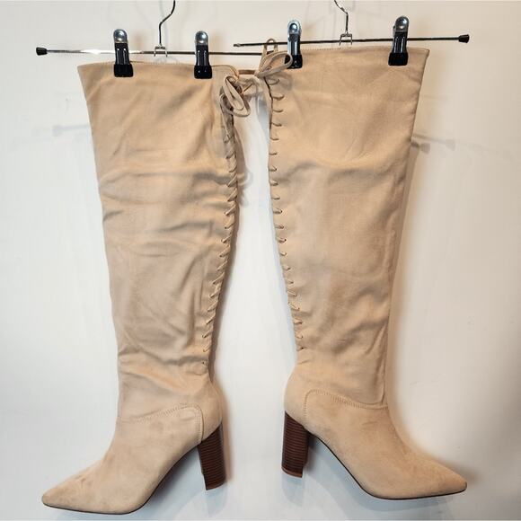 New Beige Pointed Toe Faux Suede Over the Knee High Boots Chunky Size 8.5 - Picture 1 of 13